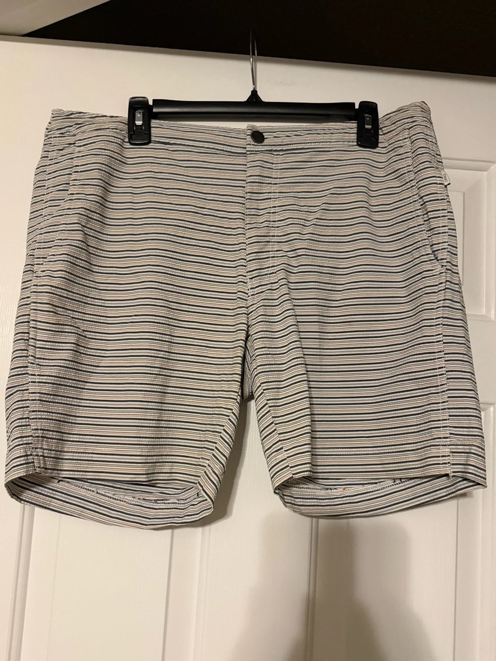 Onia Calder Seersucker Striped Swim Trunks Board Shorts Blue Orange 36